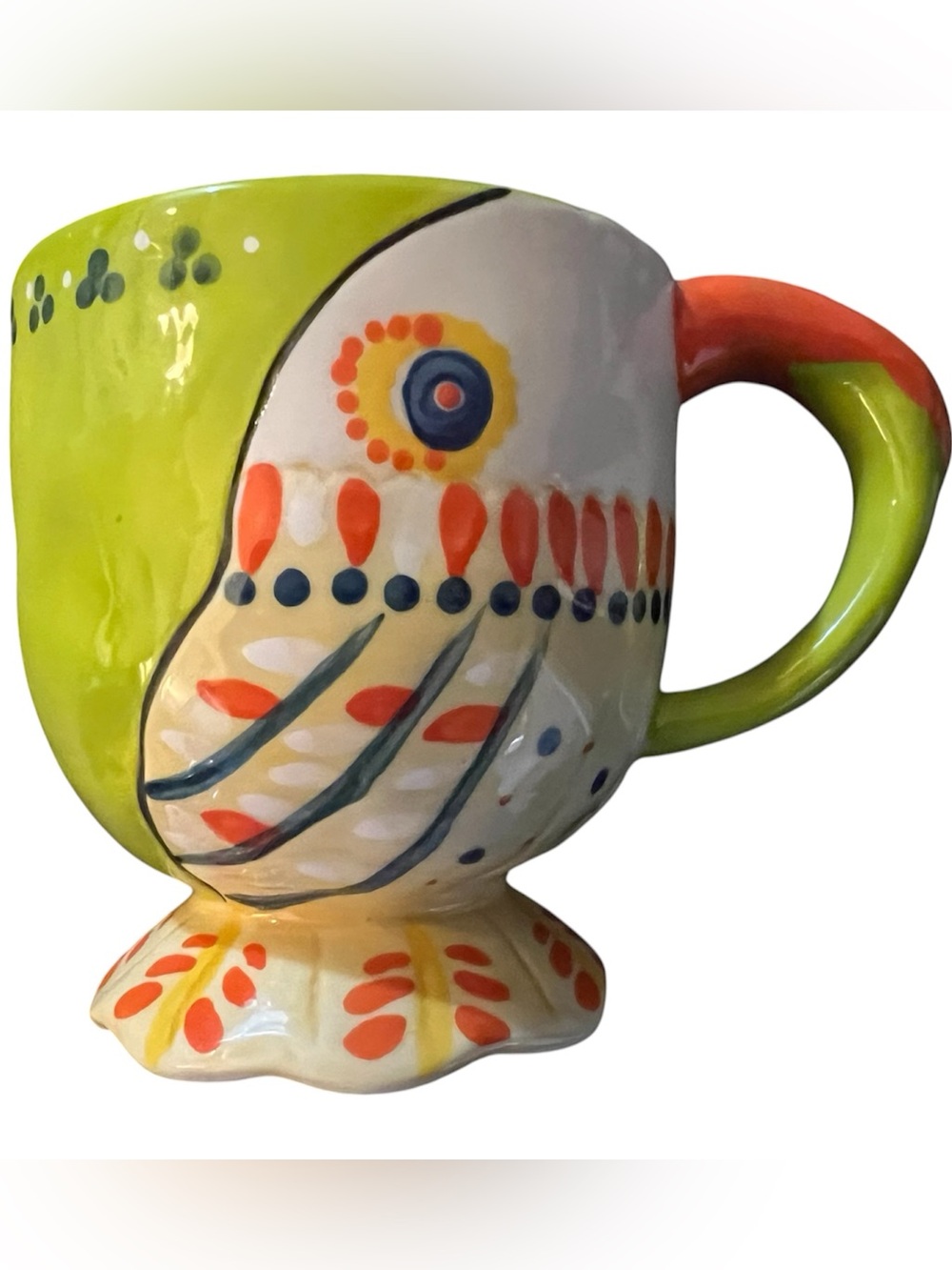 Anthropologie Hand Painted Tortua Bird Pedestal Mug Lime Green Bright